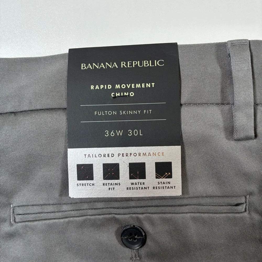NEW Banana Republic Rapid Movement Chino Pants 36x30 Gray Fulton Skinny